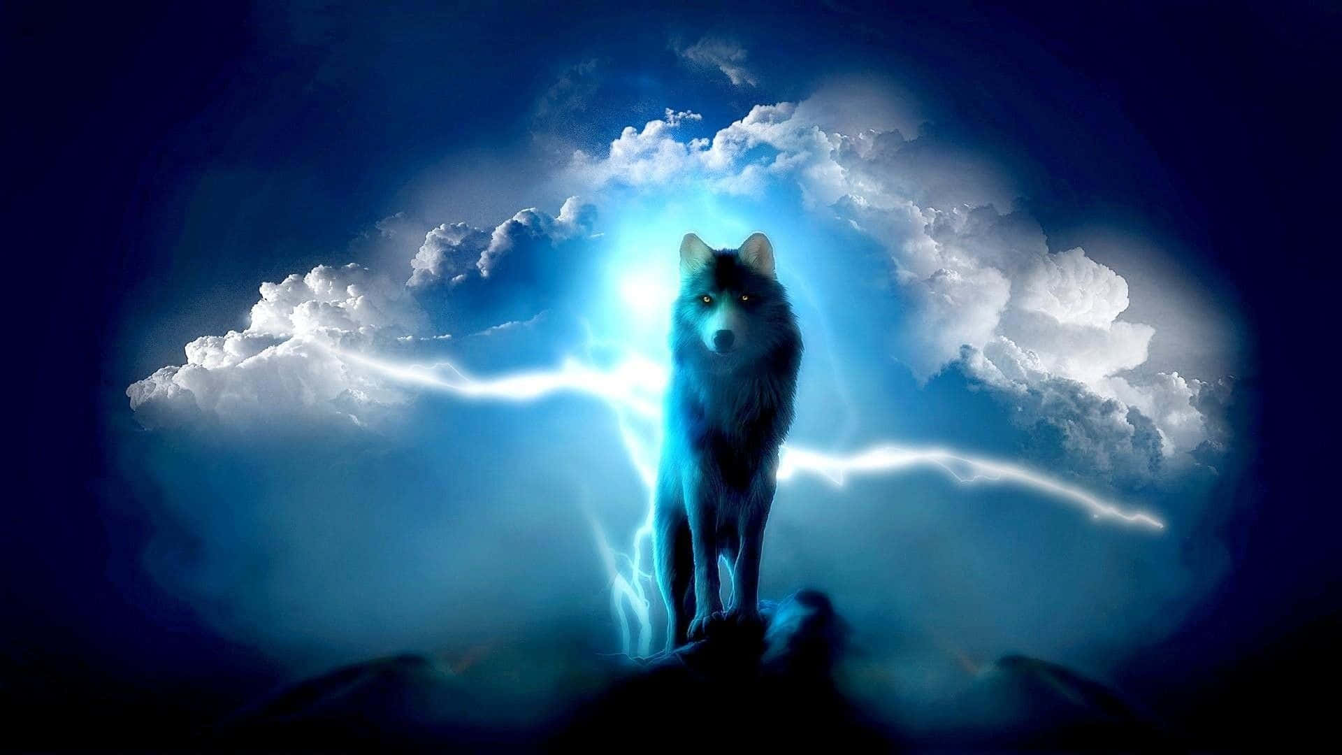 探索狼的銀河之夢 壁紙 — 一頭威嚴的狼站在懸崖頂上，閃電在牠周圍噼啪作響，背景是暴風雨的藍色天空和發光的雲層。