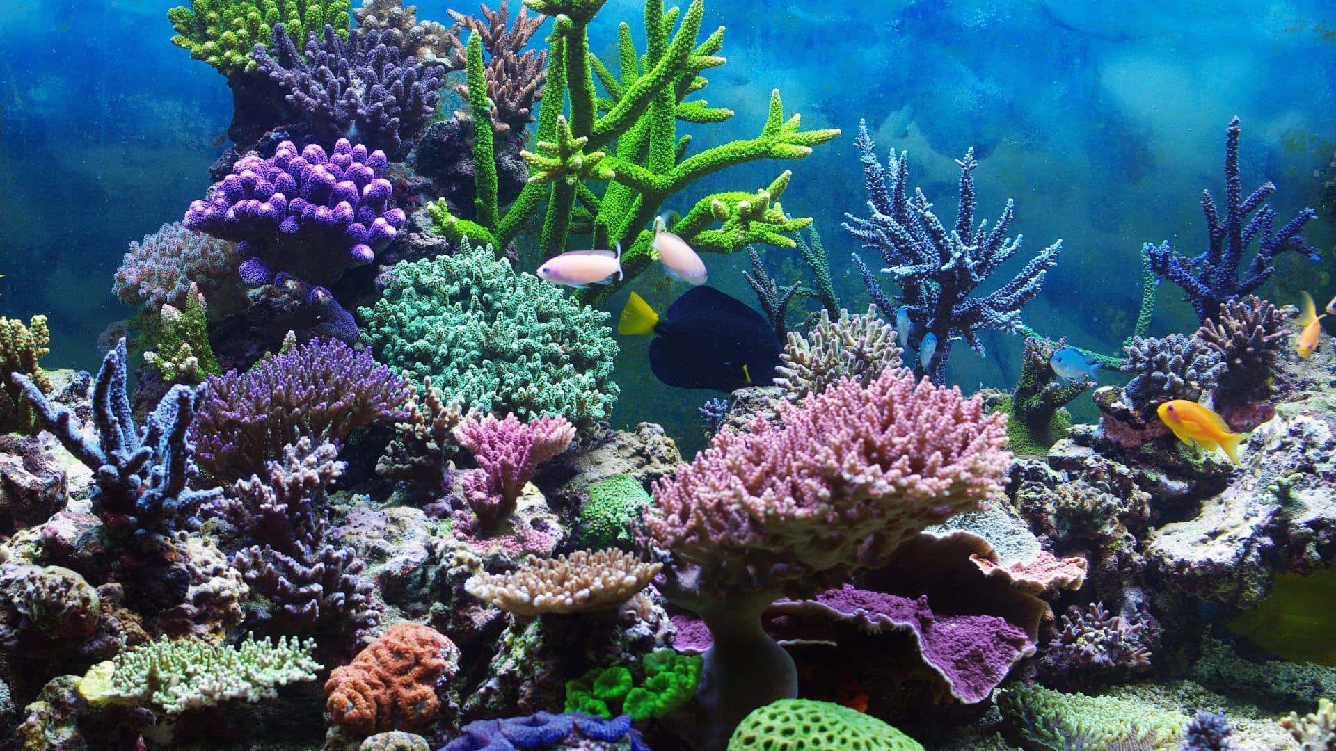 探索珊瑚礁獨特之美 壁紙 — 充滿活力的珊瑚礁，色彩繽紛的魚群在藍色海水下的紫色、綠色和粉紅色珊瑚之間游動。