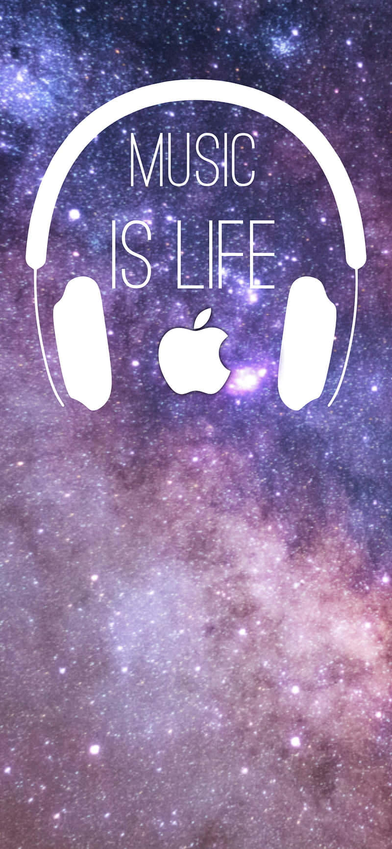 帶有Apple標誌和文字music is life的白色耳機，背景為星空銀河。