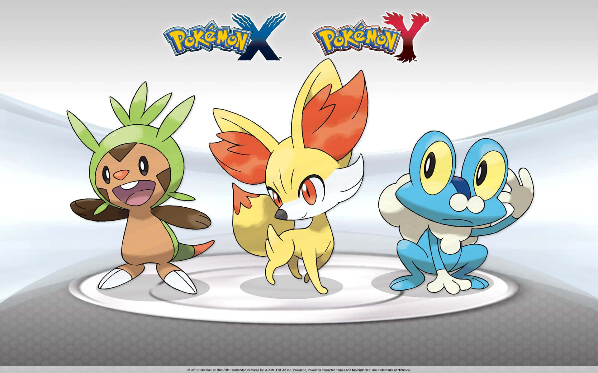 三隻來自《Pokémon X·Y》的寶可夢初選在平台上開心地擺姿勢。