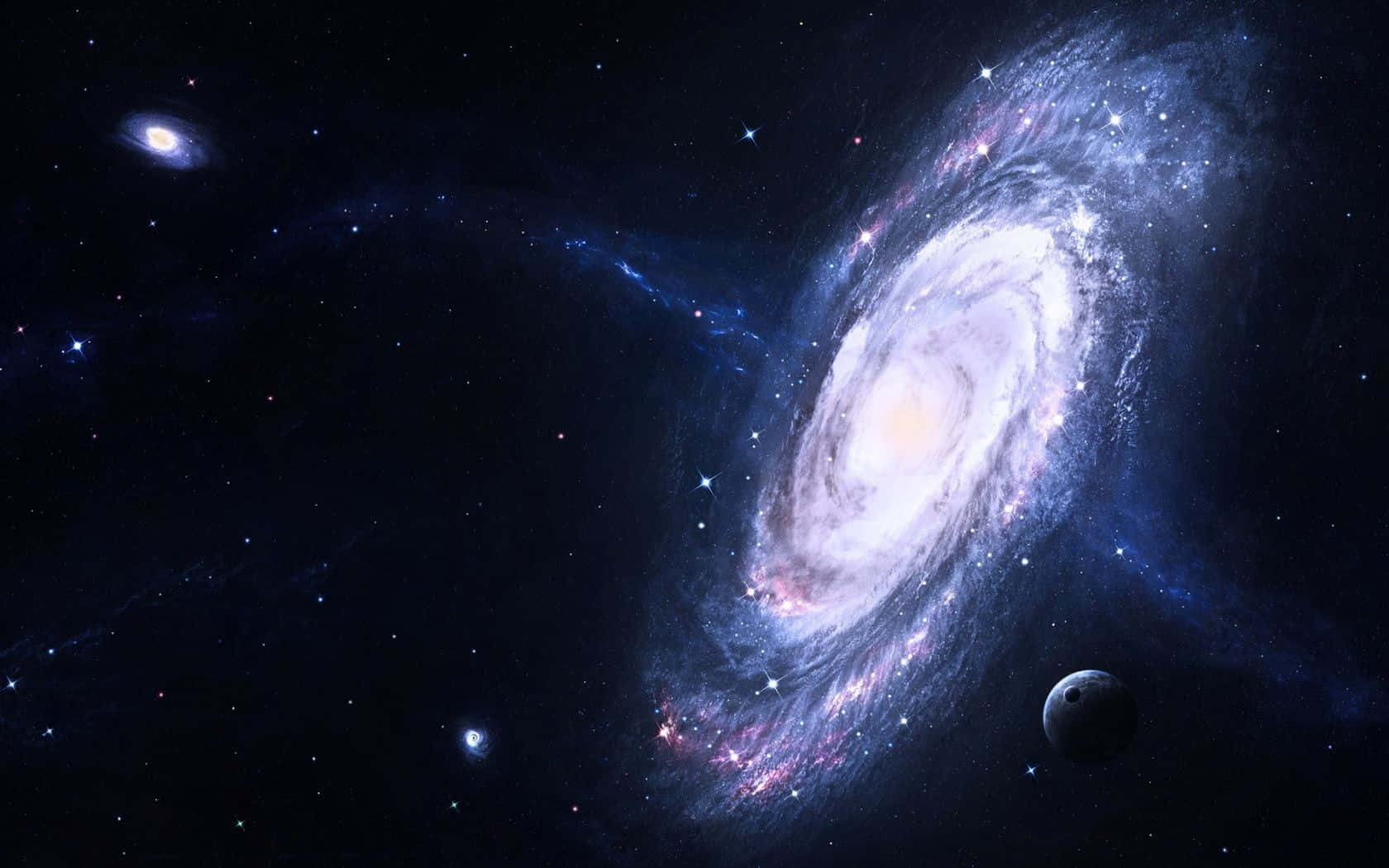 一個螺旋星系，帶有發光的旋臂和散落的星星，在深空中，附近有一顆小行星。