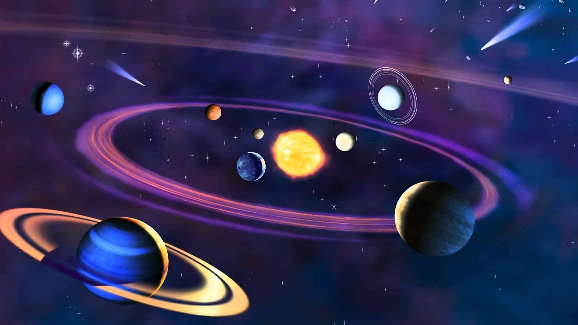 一個色彩繽紛的太陽系，行星和環圍繞著明亮的太陽運行，位於星光點點的星雲中。