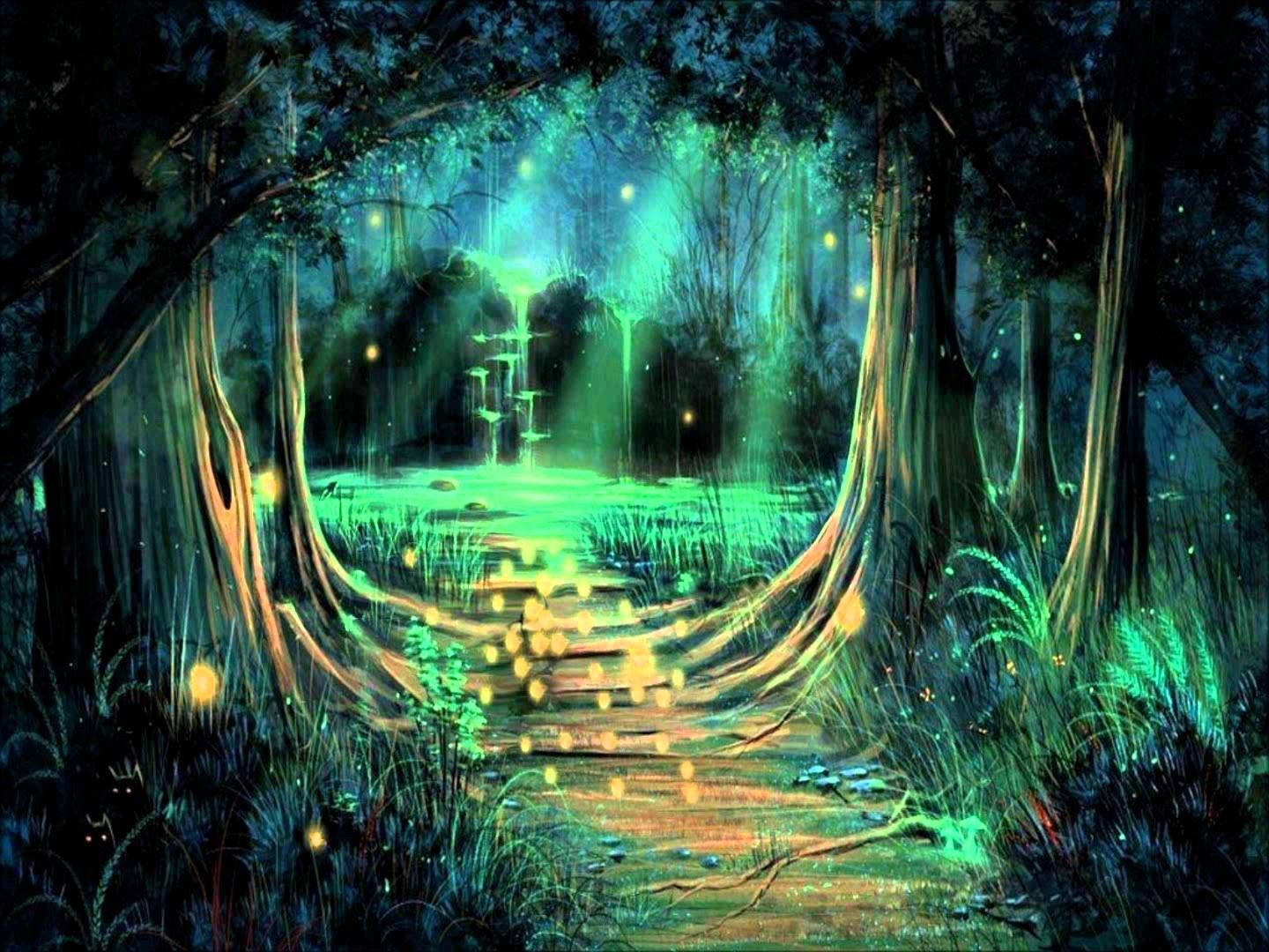 神秘森林小徑在夜晚閃爍著綠光和漂浮的球體。