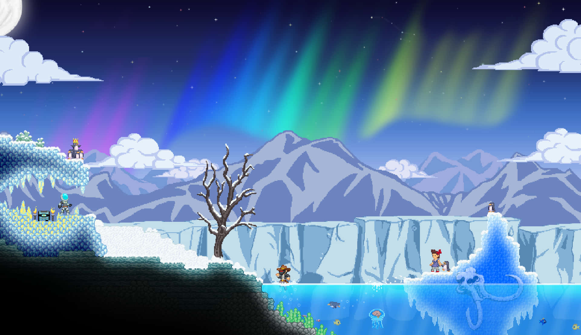 像素藝術遊戲場景，極光在冰崖和雪山之上，星空下。