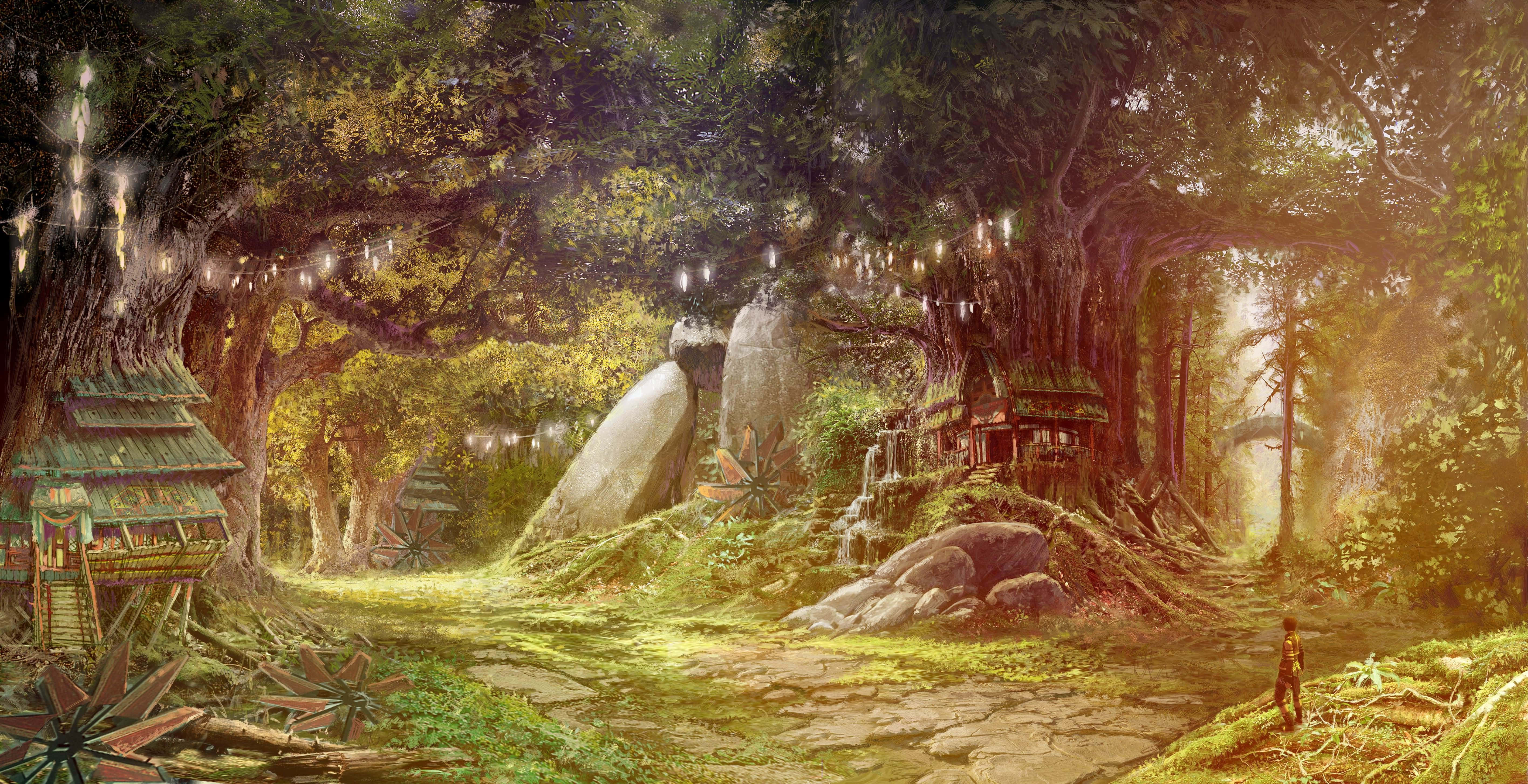 探索神秘的奇幻藝術世界 壁紙 — 陽光照耀的森林空地，古樹參天，點綴著奇幻的樹屋村莊，樹枝間掛滿了發光的燈籠。