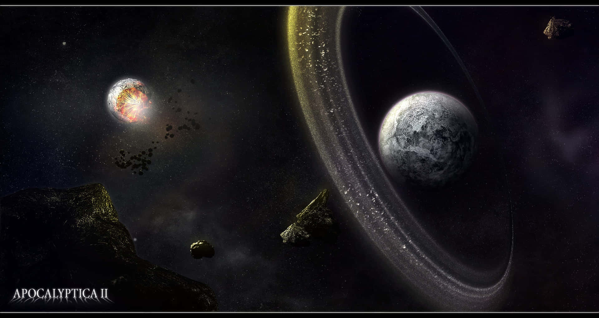 帶環行星和爆炸恆星被深空中的小行星環繞。