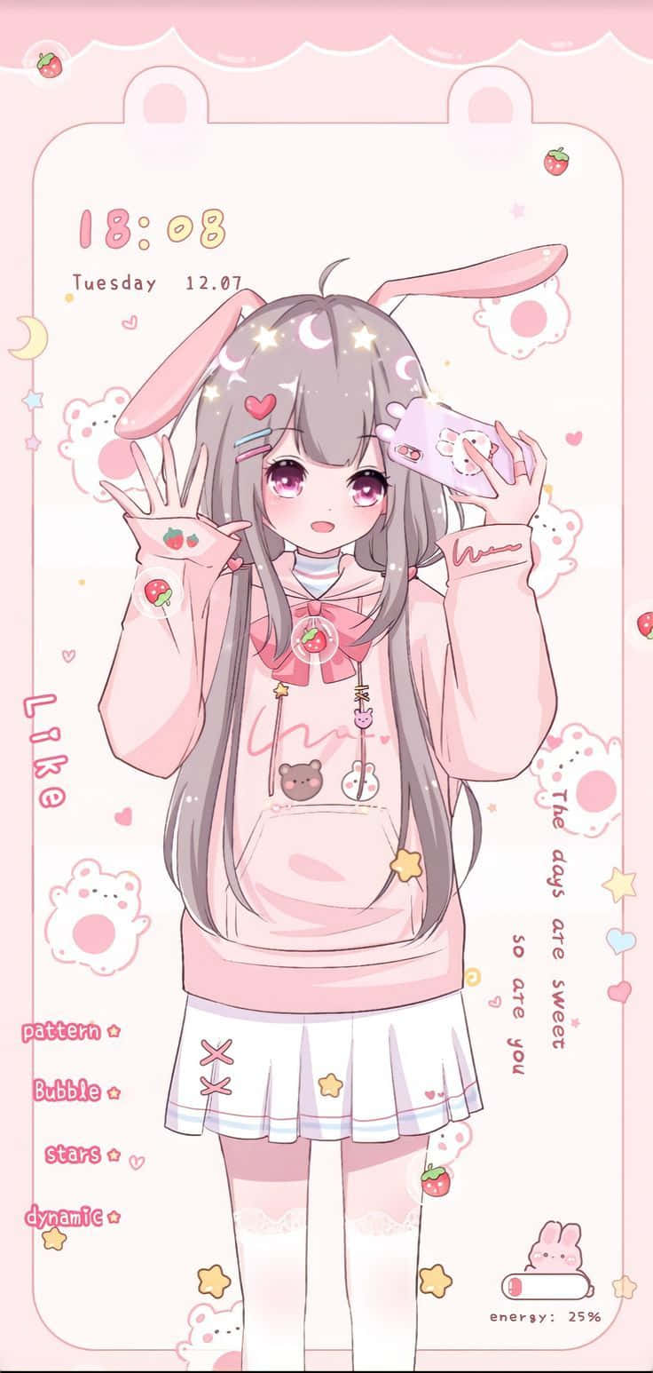探索粉紅動漫美學的迷人世界 壁紙 — 一個可愛的動漫女孩，戴著兔耳和粉紅色頭髮，在帶有心形和星星的粉彩粉紅色壁紙中愉快地揮手。