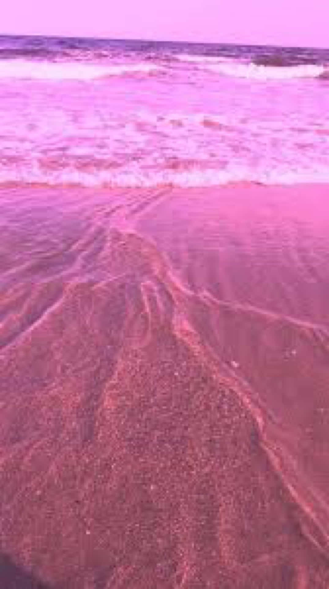 粉紅色的海浪沖刷著黃昏的沙灘。