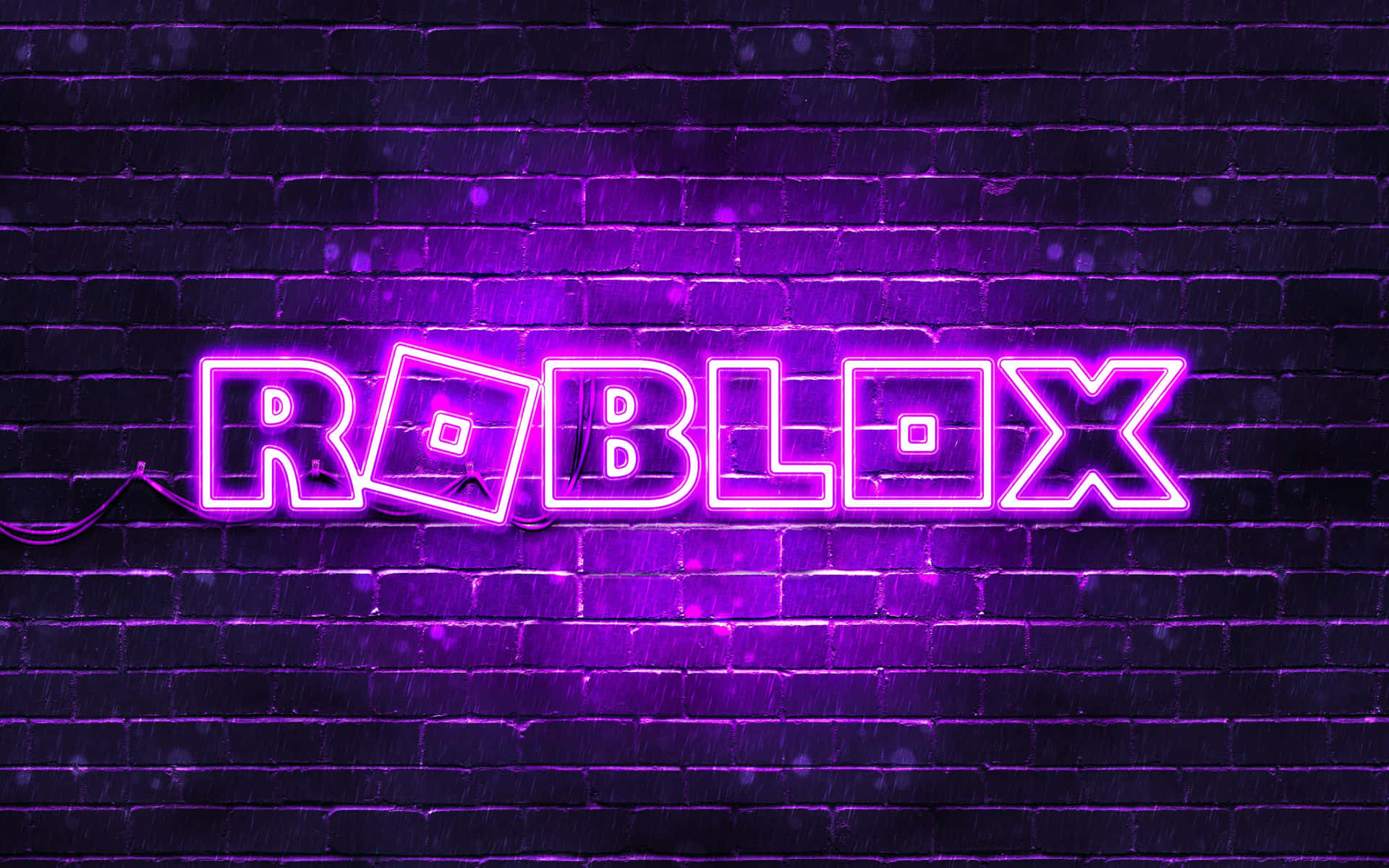 夜間在潮濕的磚牆上發光的紫色霓虹燈Roblox標誌。
