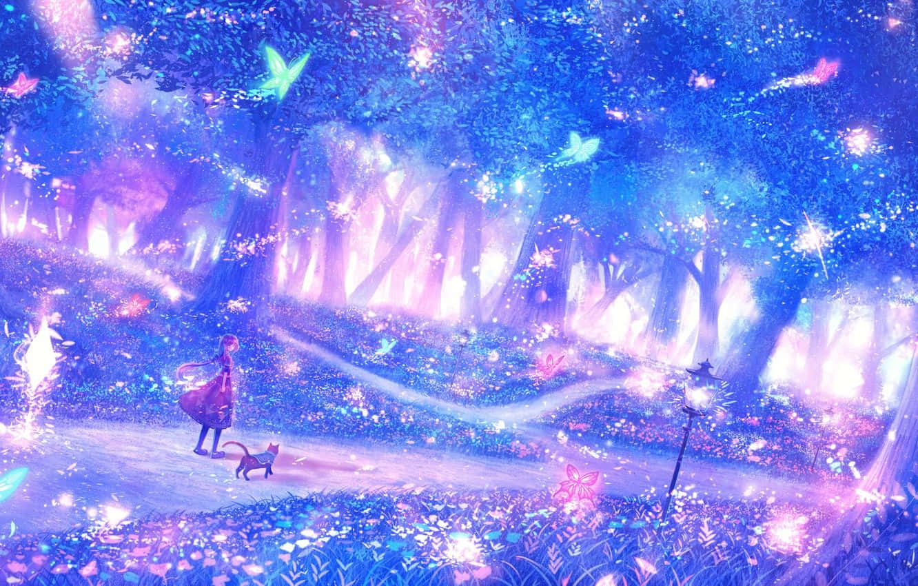 女孩和貓在閃爍的魔法森林中與蝴蝶同行
