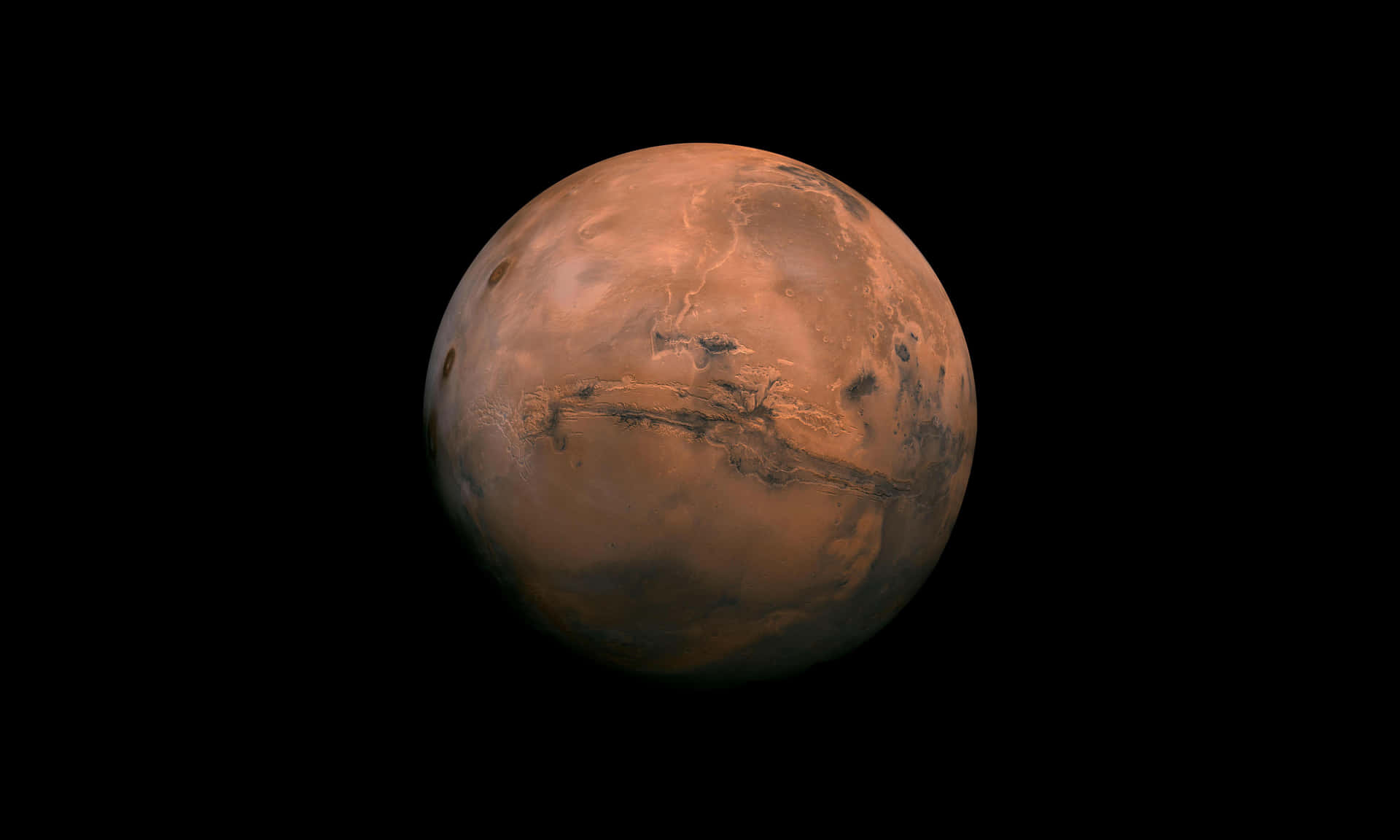 火星在黑色太空背景下顯示出可見的表面特徵。