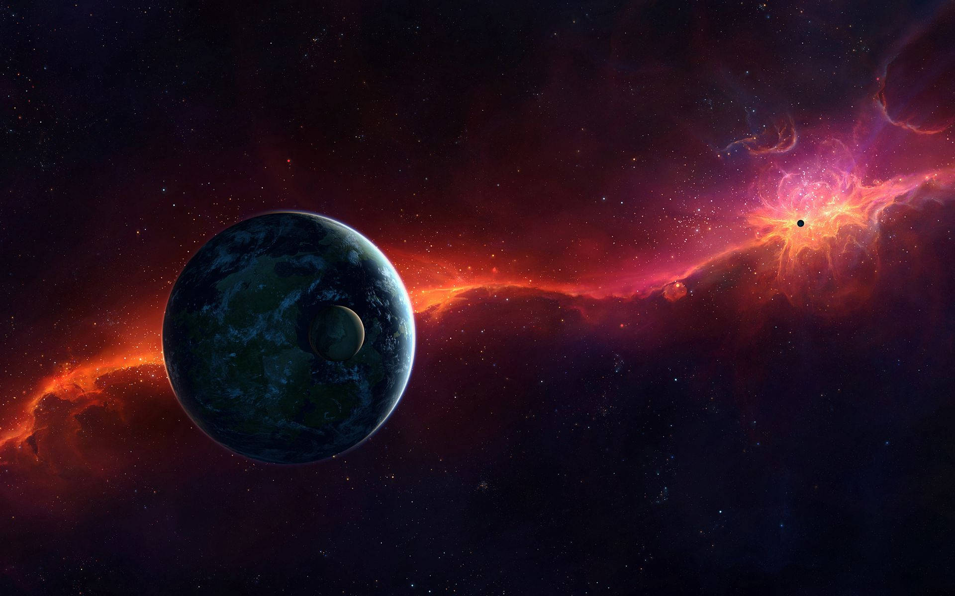 一顆藍綠色行星帶有衛星繞著深空中發光的紅色星雲運行。