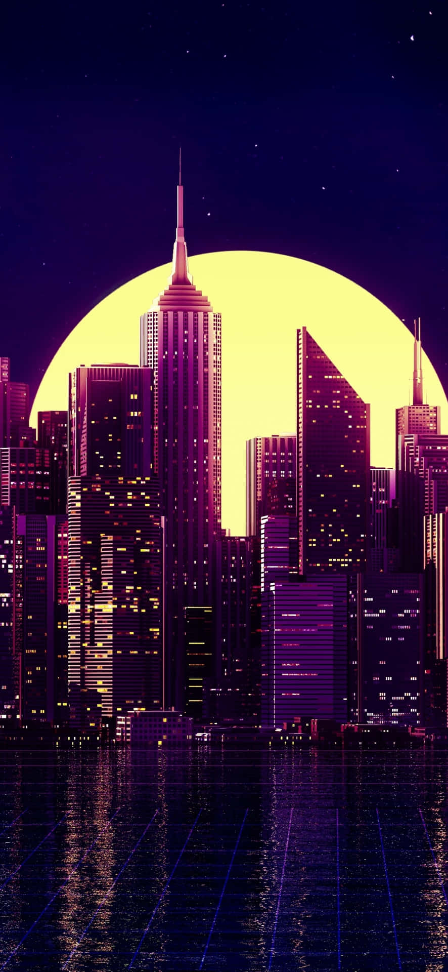 未來感的城市天際線夜景，發光的建築和一輪巨大的黃月亮。