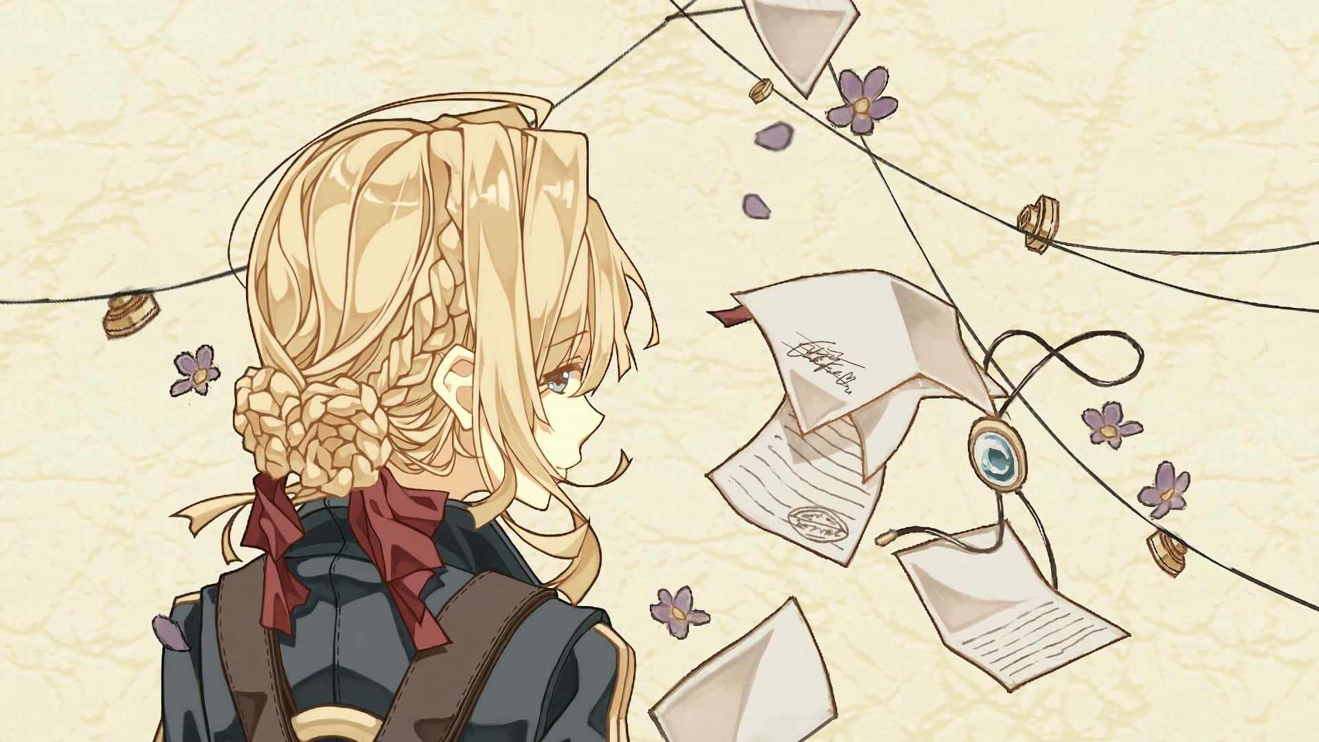 紮辮的動漫女孩看著浮動的文字和紫色花朵。