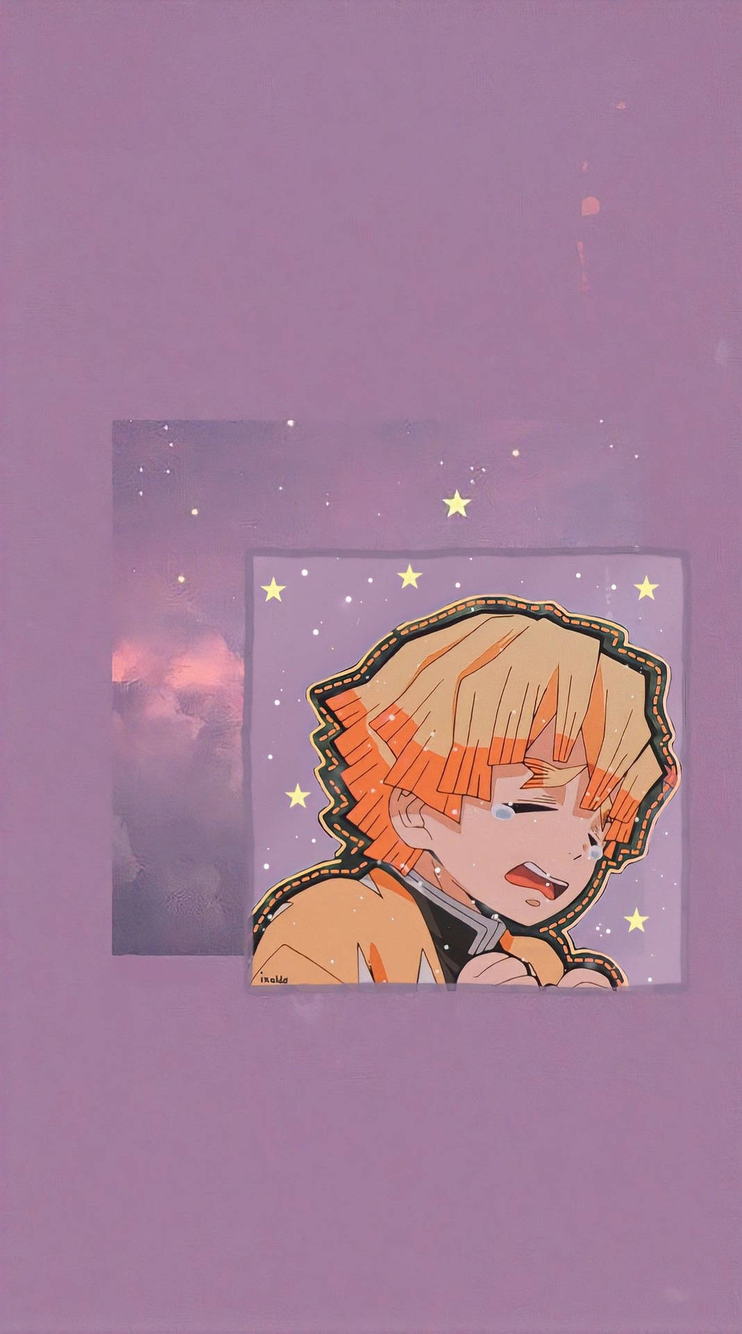 橙色頭髮的動漫男孩在星光燦爛的紫色天空下哭泣。