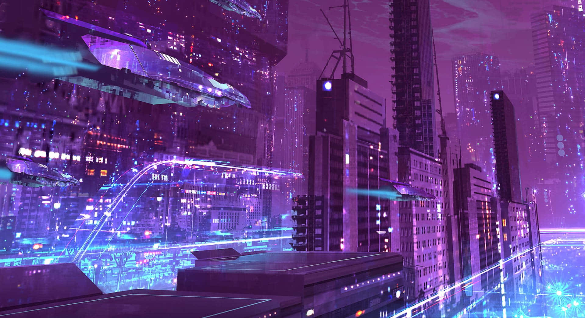 探索紫調美學的無限之美 壁紙 — 未來城市夜景，閃爍紫色和藍色霓虹燈光，高聳摩天大樓之間有飛行車輛。