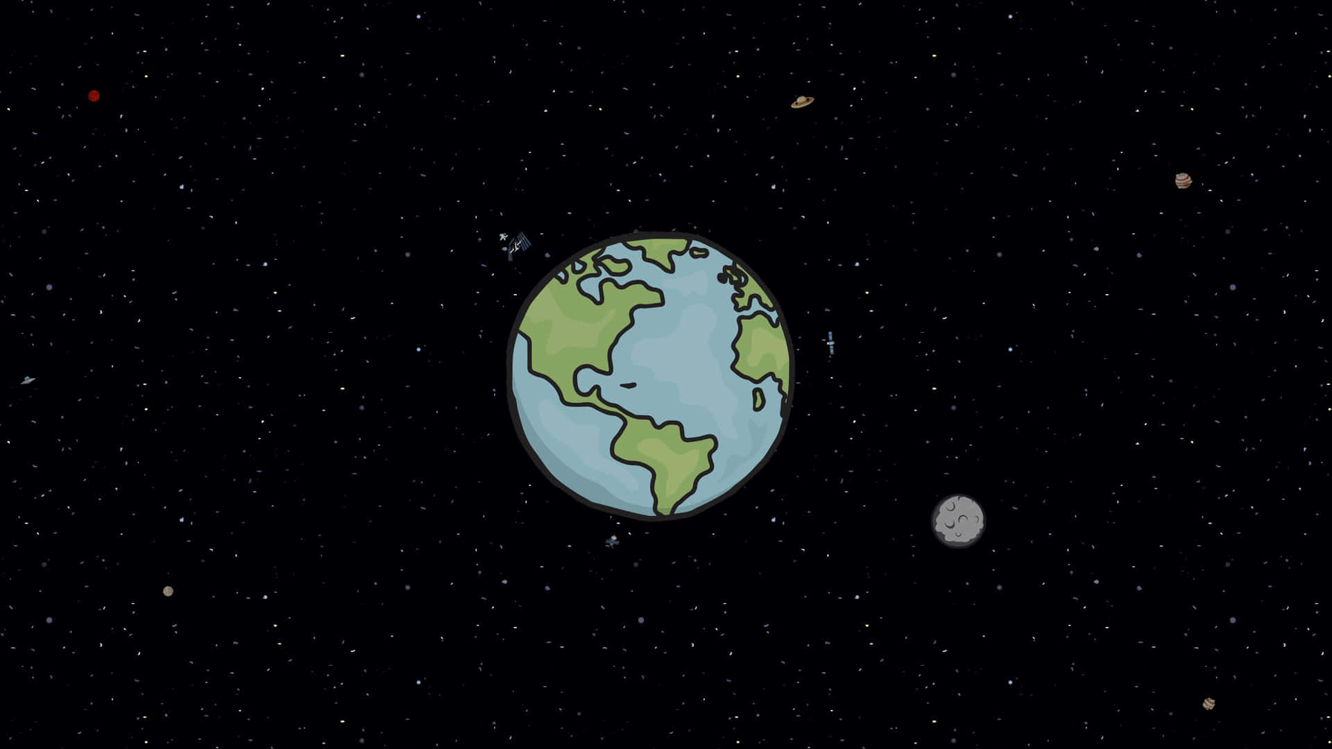 星空宇宙中的卡通地球和月球，以及遙遠行星