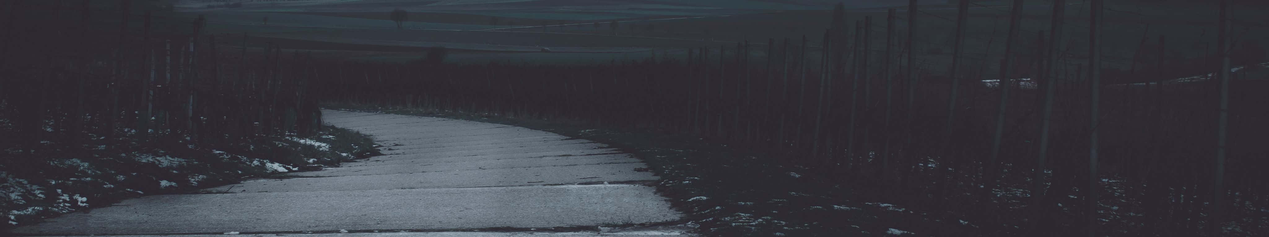 探索絢麗的秋日風景 壁紙 — 一條蜿蜒的鄉村道路在昏暗的暮色天空下穿過雪地。
