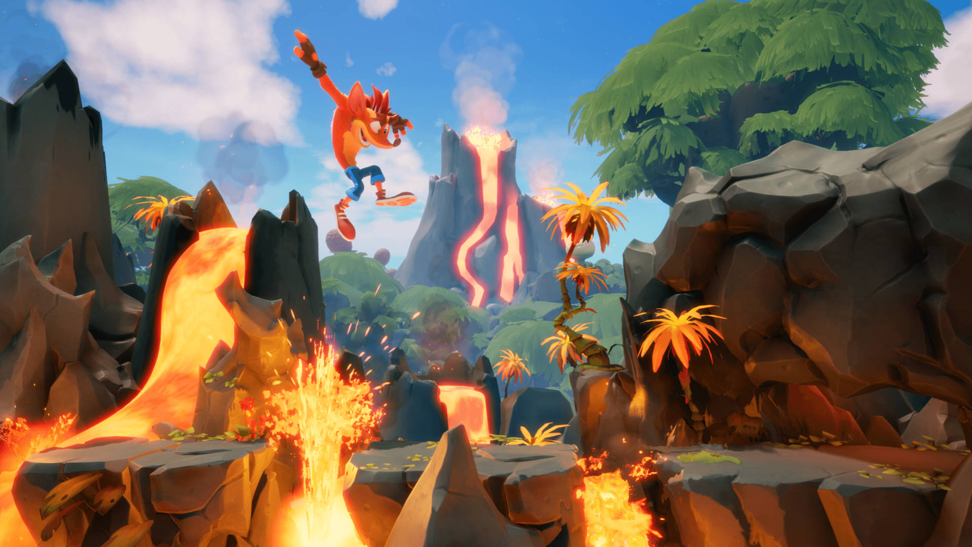 Crash Bandicoot 在充滿活力的火山叢林中跳過熔岩。