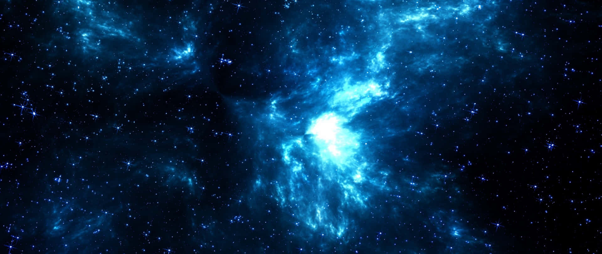 一個發光的藍色星雲，周圍環繞著深空的星星。
