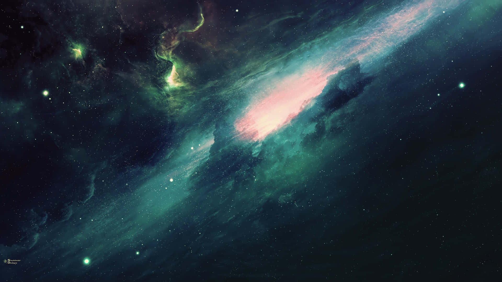 一個色彩繽紛的星雲，在充滿星星的深空中帶有青綠色、粉紅色和綠色的雲。