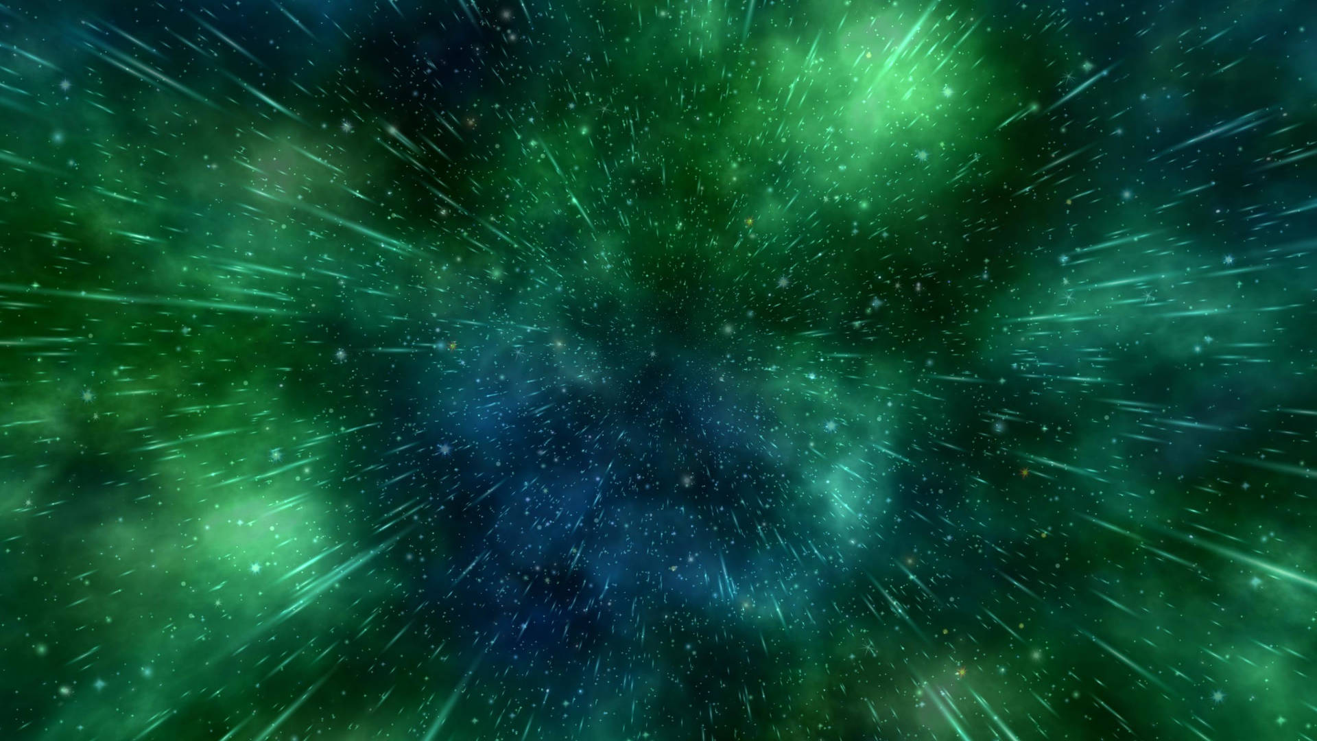 充滿活力的綠色和藍色星雲，帶有流星和宇宙塵埃。