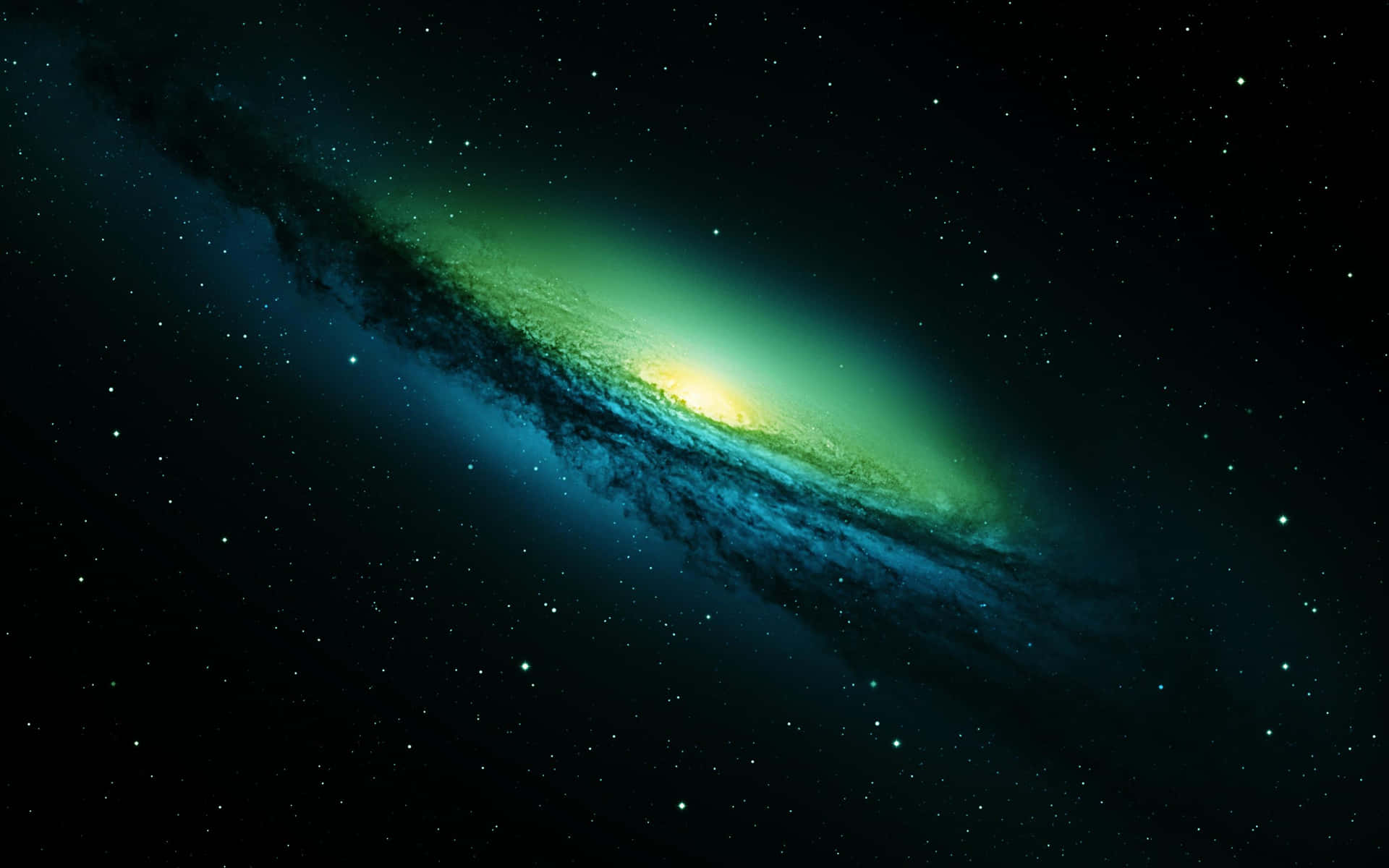 一個發光的螺旋星系，帶有綠色和藍色色調，被星星環繞。