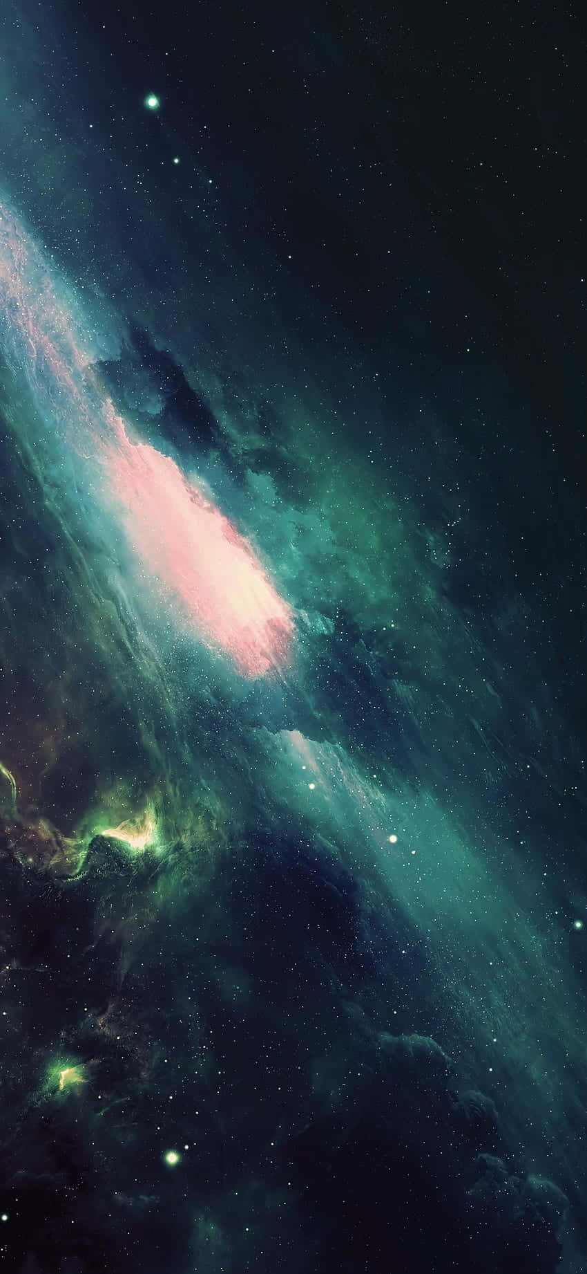 在黑暗的宇宙中，鮮豔的青色和粉紅色星雲與散落的星星一起發光。