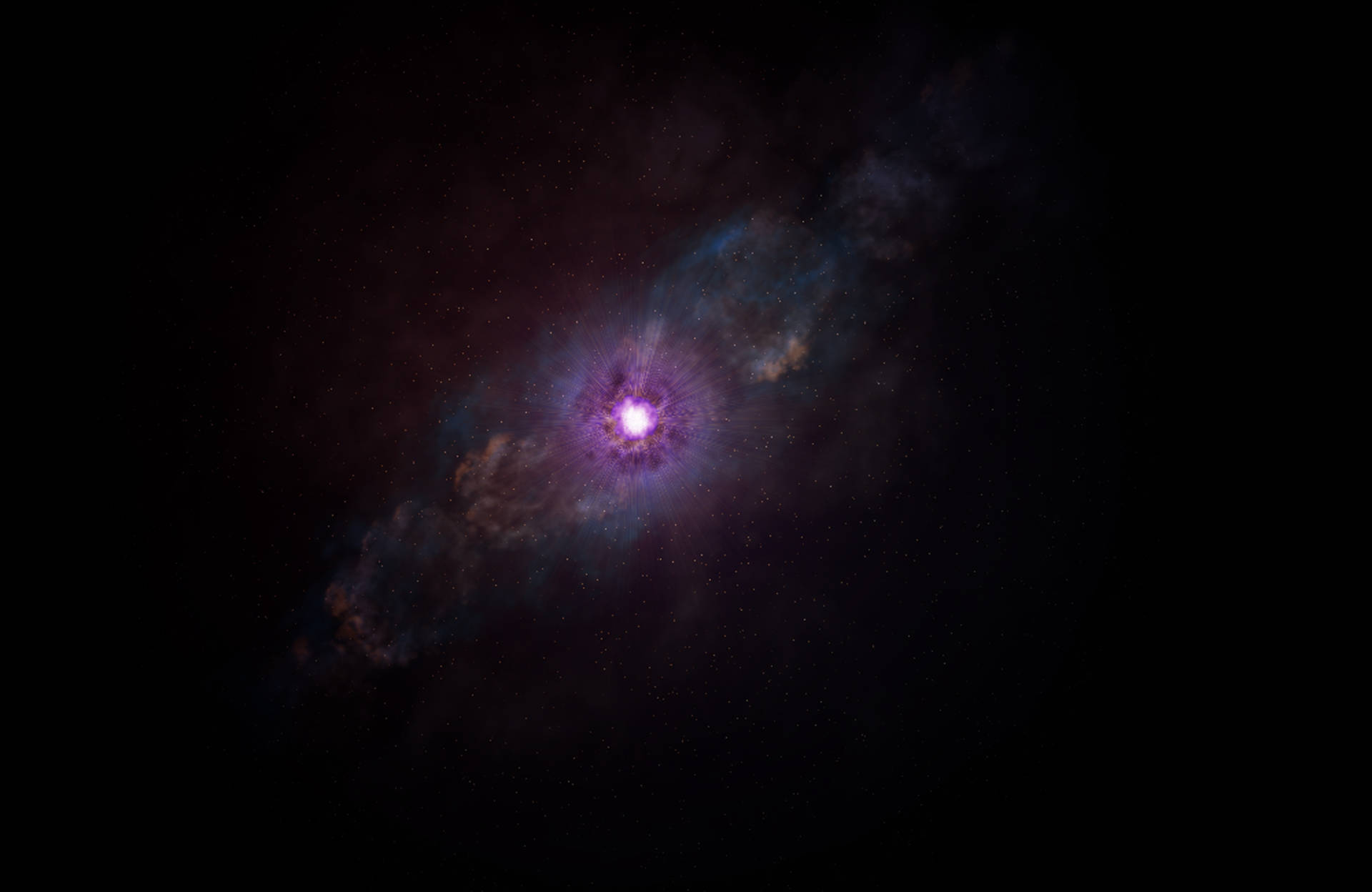 一顆發光的紫色星體，被深空中的宇宙雲團環繞。