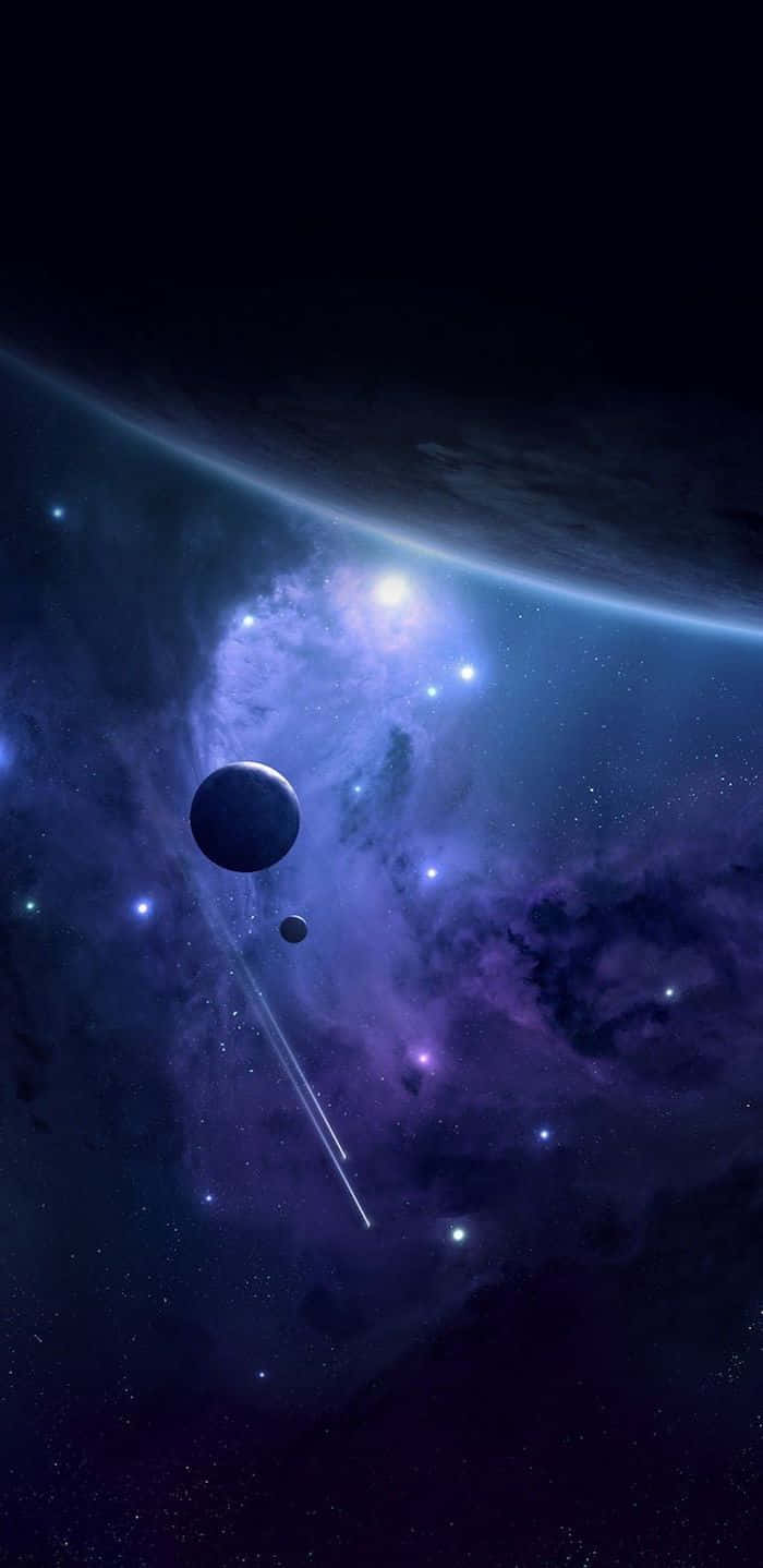 紫色星雲、行星和流星在太空中