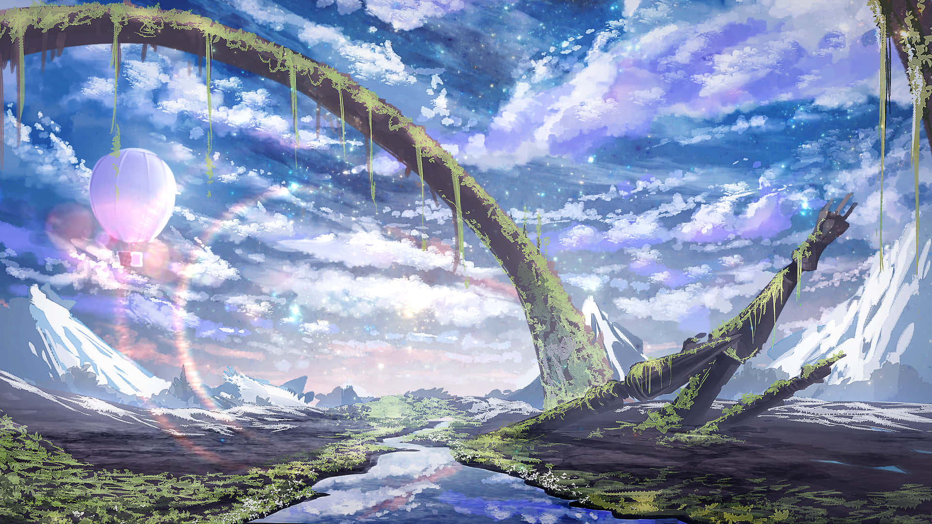 探索繽紛動漫風景 壁紙 — 一個熱氣球在一個巨大的長滿苔蘚的樹下飄蕩，該樹拱起在一個積雪的山谷上方，下方有一條蜿蜒的河流。