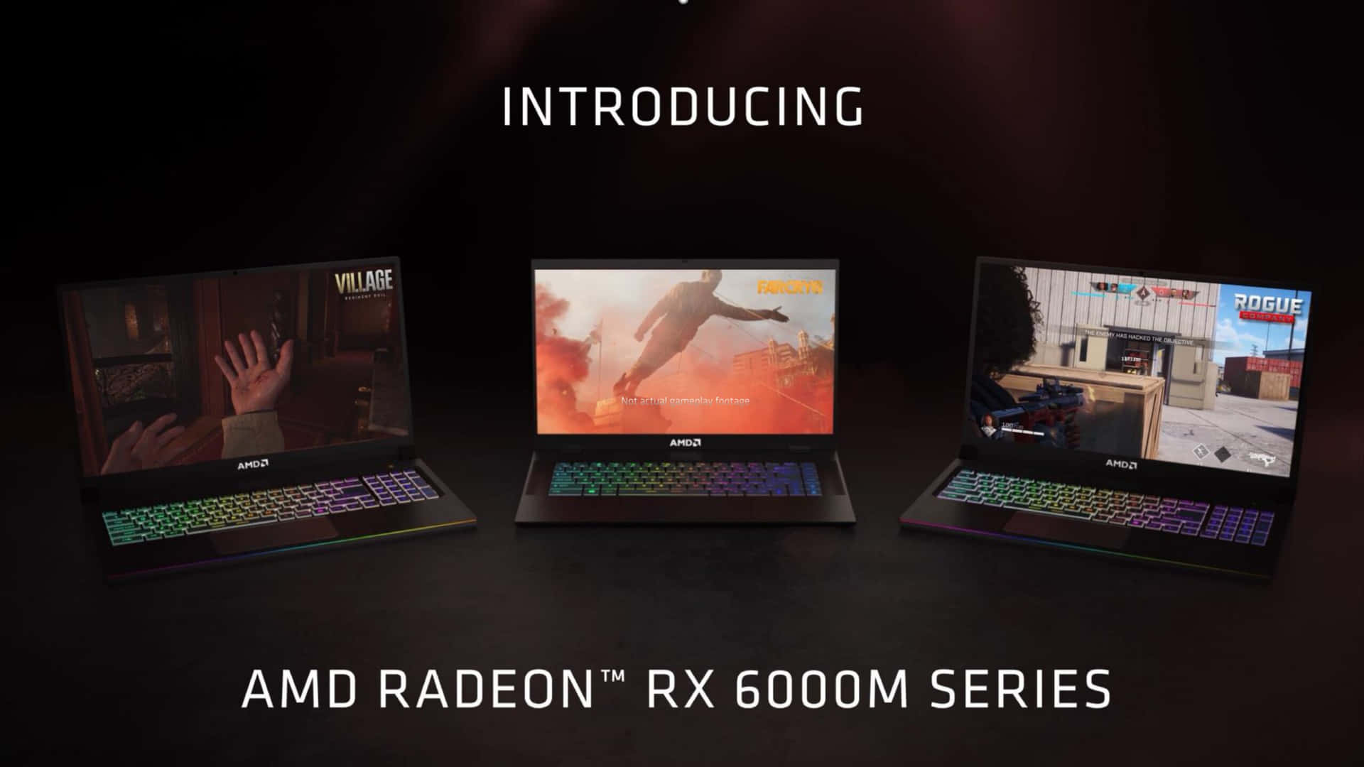 三部 AMD Radeon 筆記型電腦，顯示不同的遊戲，鍵盤發光。