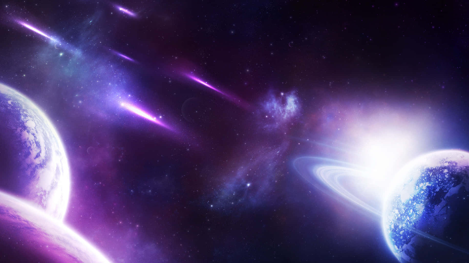 兩個帶有光環的星球在紫色星雲中發光，伴有流星劃過。