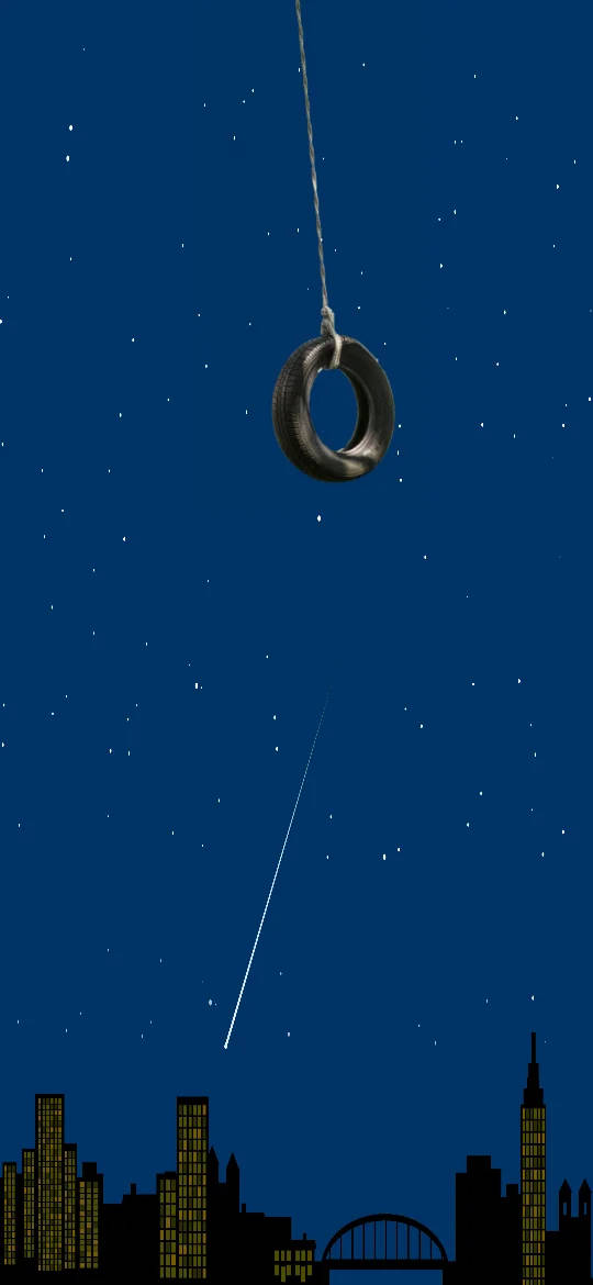 夜晚城市上空一條輪胎搖擺，可見星星和流星。