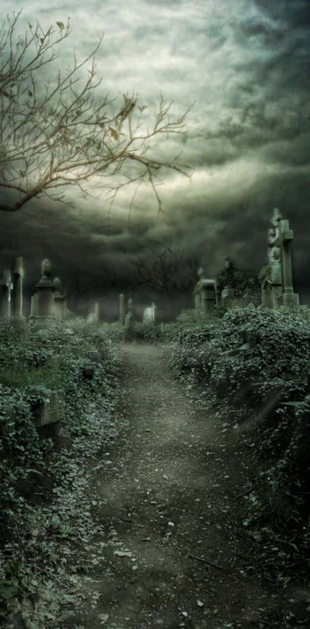 在暴風雨天空下，一條陰暗的墓地小徑，佈滿青苔的墓碑。