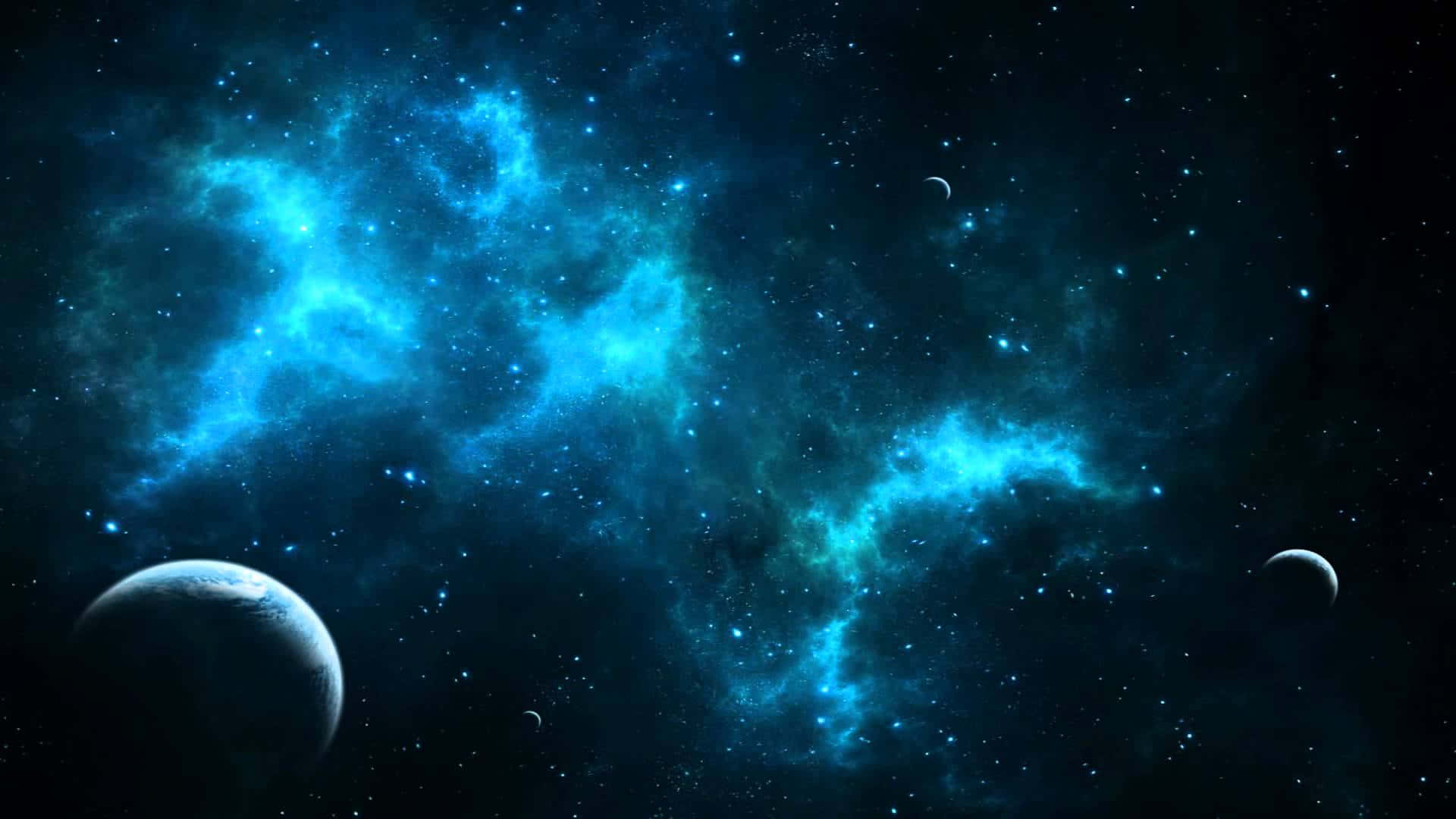 探索藍色宇宙的深淵 壁紙 — 一個宇宙場景，發光的藍色星雲和行星漂浮在充滿星星的虛空中。