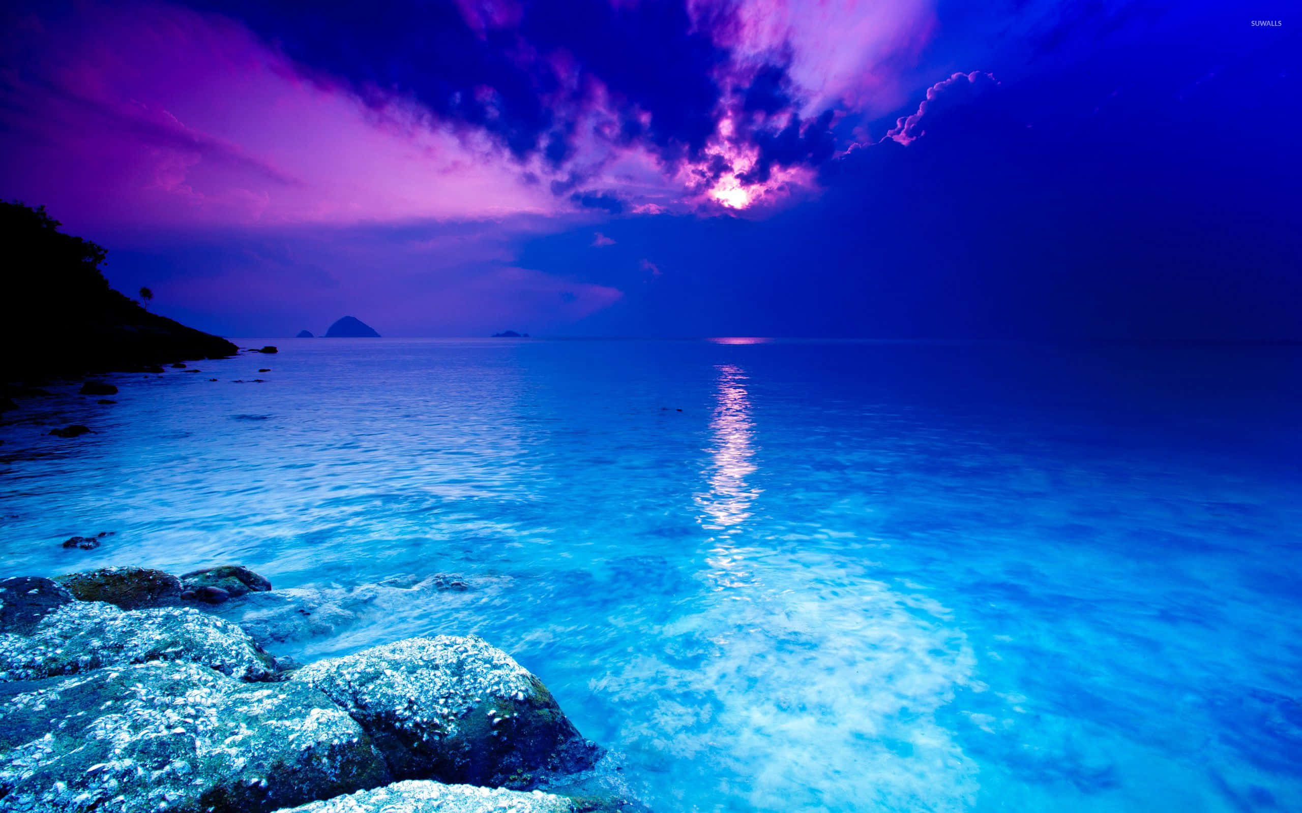 探索藍色水域的深邃之美 壁紙 — 寧靜的黃昏海景，鮮豔的紫色雲彩倒映在岩石海岸附近平靜的碧綠海面上。