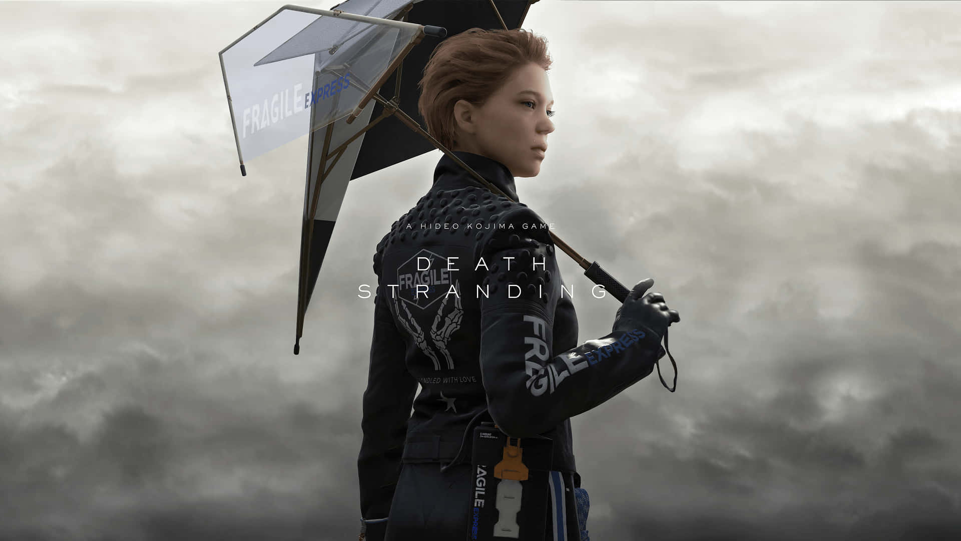 女人在《死亡擱淺》遊戲的風暴天空中拿著脆弱的雨傘。