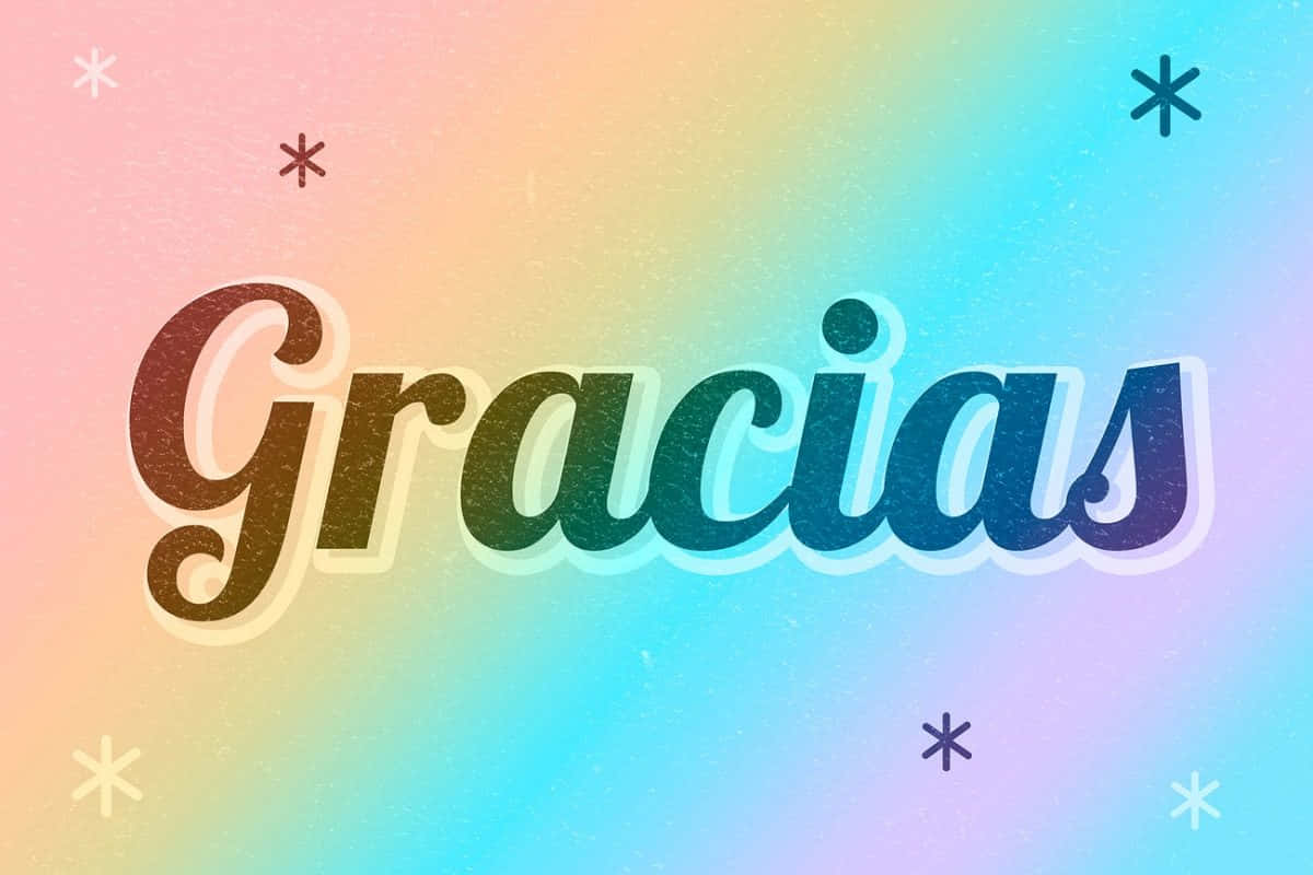 彩虹漸變背景上帶有星星圖標的Gracias文字