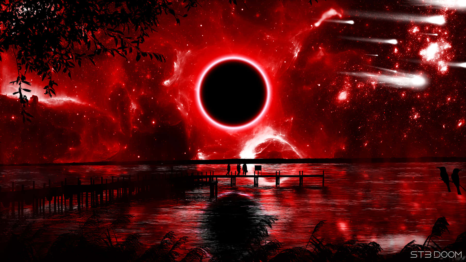 碼頭上的人們觀看水面上方的宇宙紅色日食。