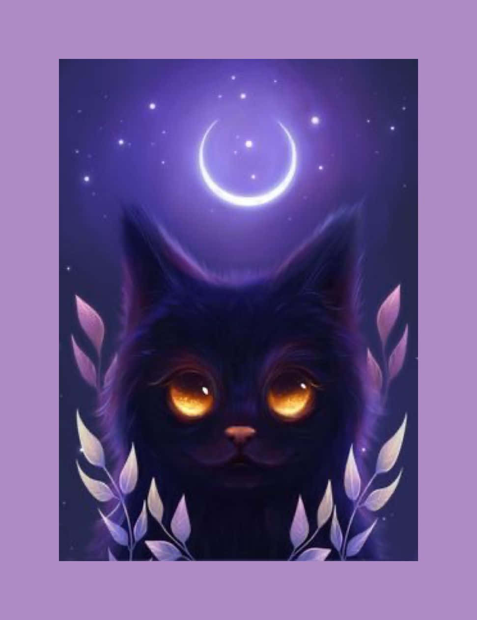 新月下，一隻黑貓眼睛發光，周圍是星星和樹葉。