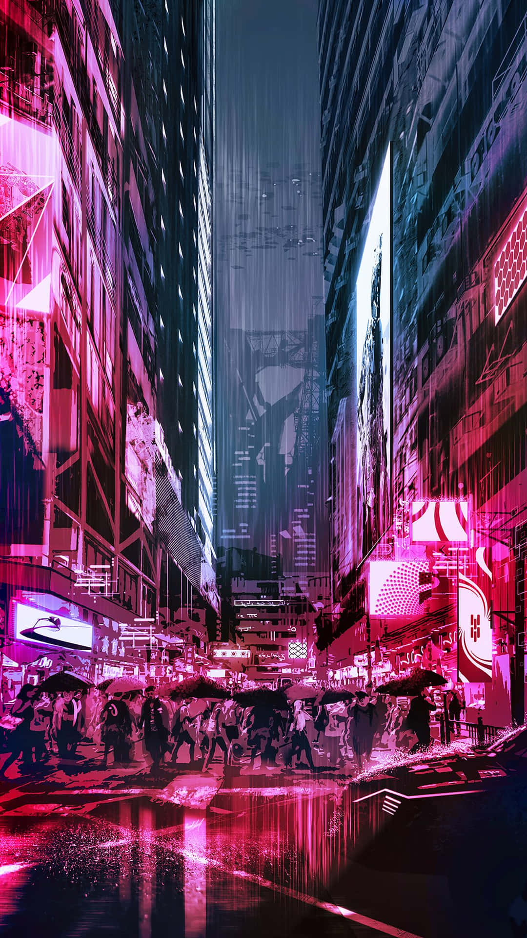 濕漉漉的霓虹燈賽博朋克街道，高聳的建築物和發光的招牌。