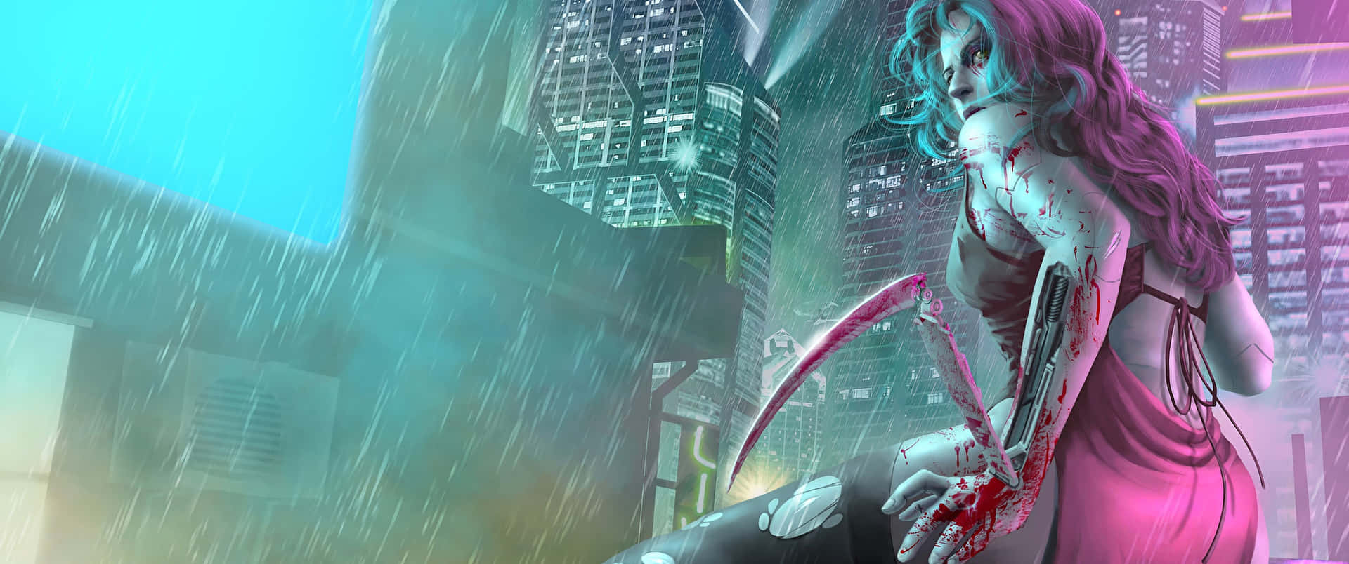 一個染血紫髮動漫女性在雨夜霓虹城市中握著鐮刀。