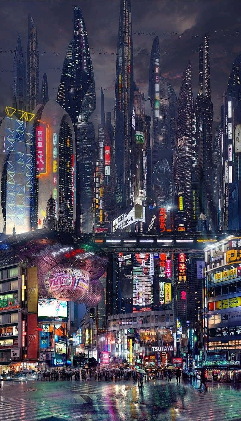 未來城市夜景，帶有霓虹燈和雨反射。