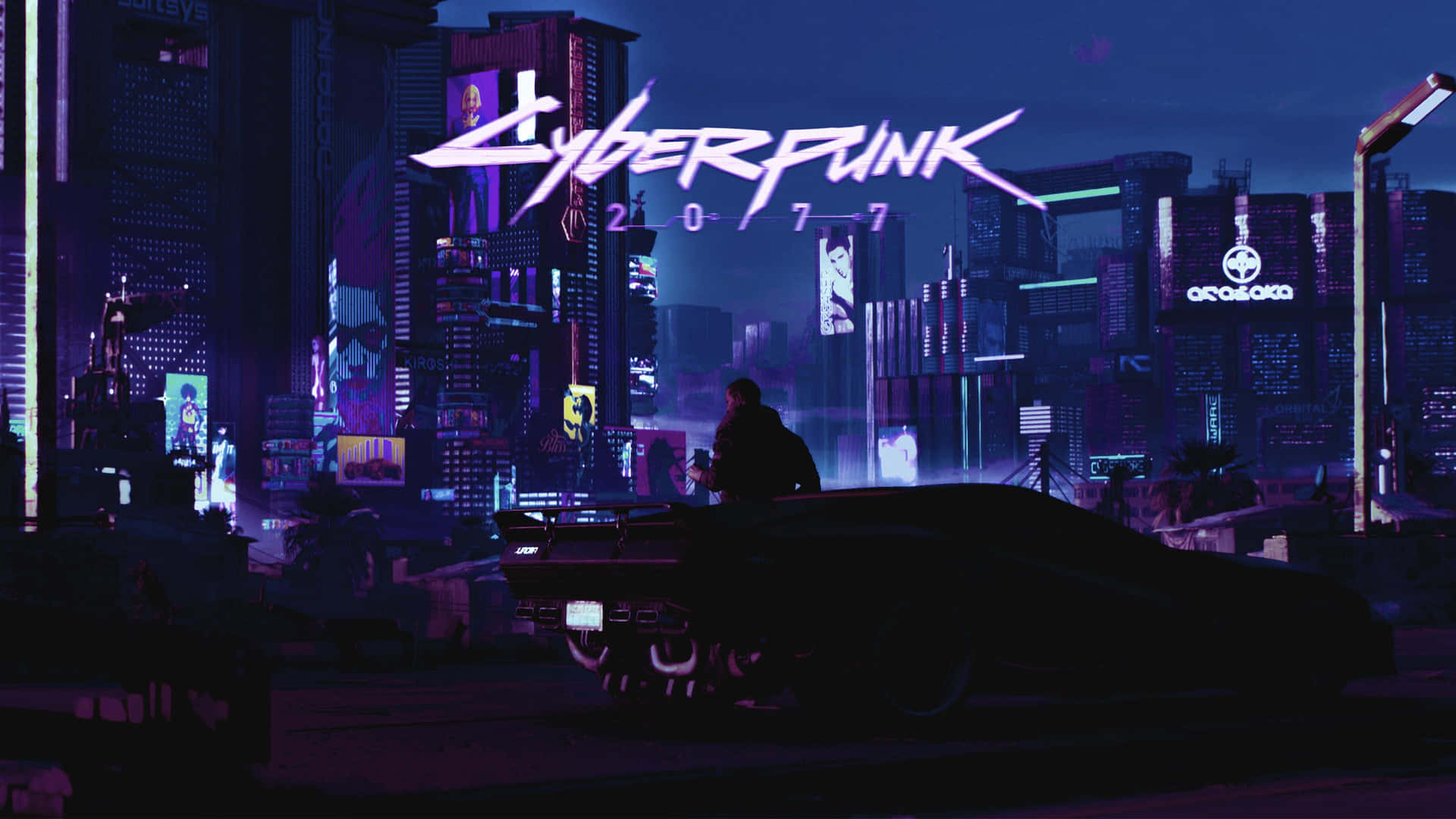 夜晚霓虹燈照亮的未來城市中，一個人站在汽車上的剪影。