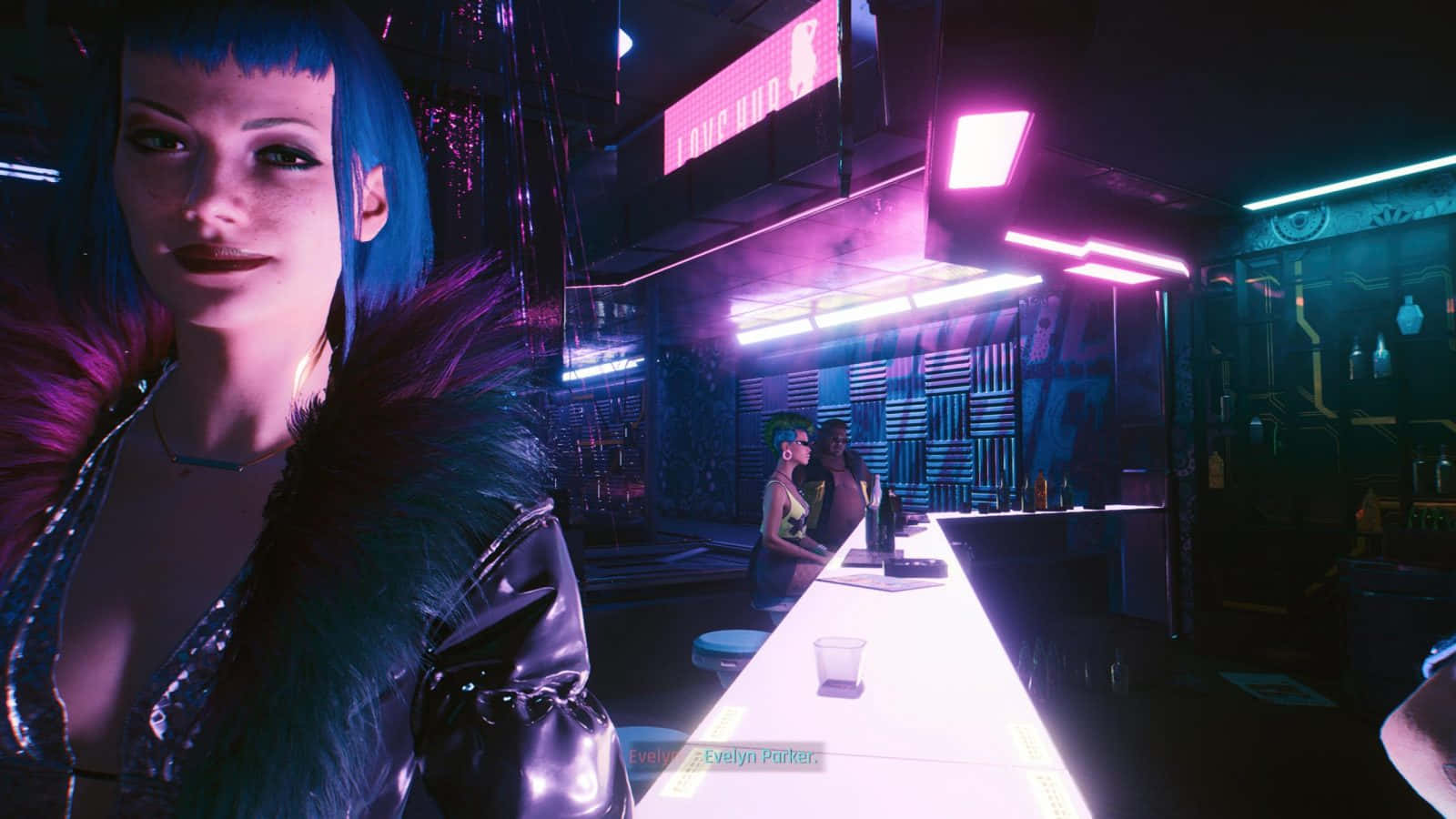一位藍髮女子在霓虹燈照亮的 cyberpunk 酒吧中。