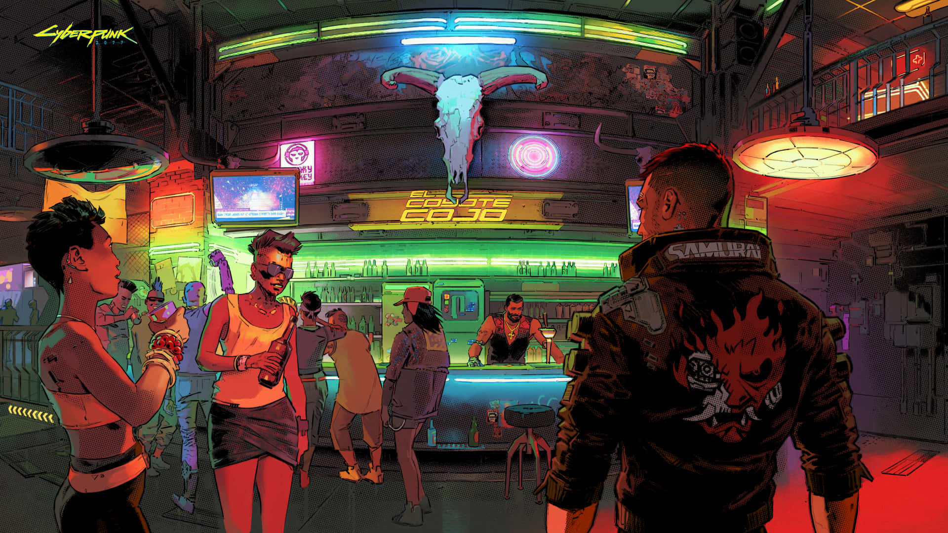 Cyberpunk 酒吧，霓虹燈和顧客在發光的公牛頭骨下跳舞。