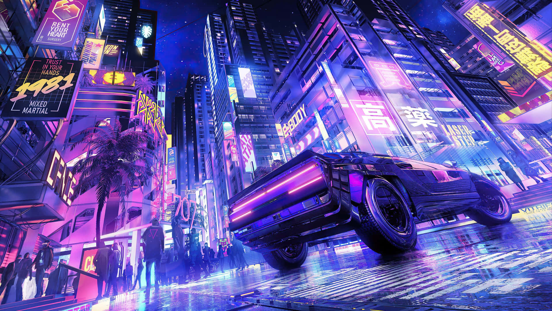 未來主義的汽車在夜晚疾馳於霓虹燈照亮、雨水浸濕的城市街道上。