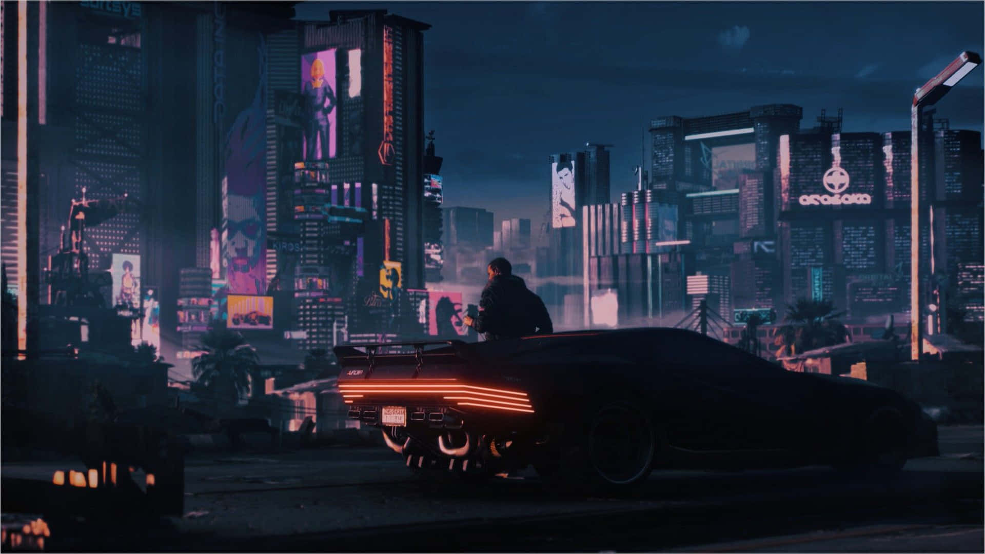 夜晚，在霓虹燈照亮未來城市中，一個人站在發光的汽車上。