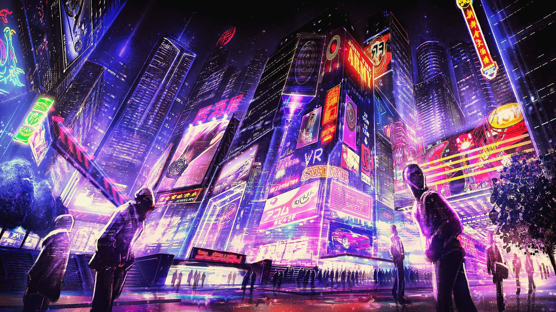 未來城市夜景，霓虹燈閃爍，下方有人行走。